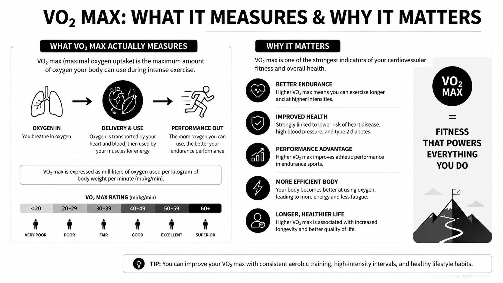 An infographic explaining VO2 max measurement, health benefits, performance advantages, and rating categories for fitness assessment.