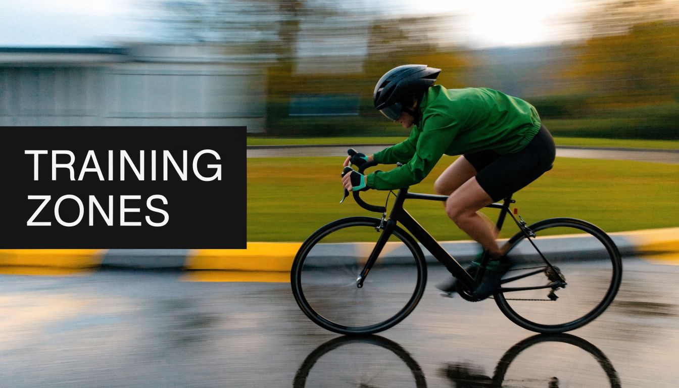 A cyclist in a green jacket rides a bicycle fast on a wet road, labeled training zones.