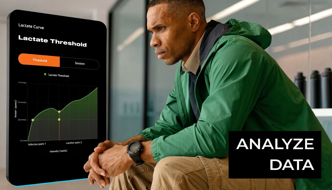 A man in a green jacket observes a digital screen displaying a lactate threshold curve chart.