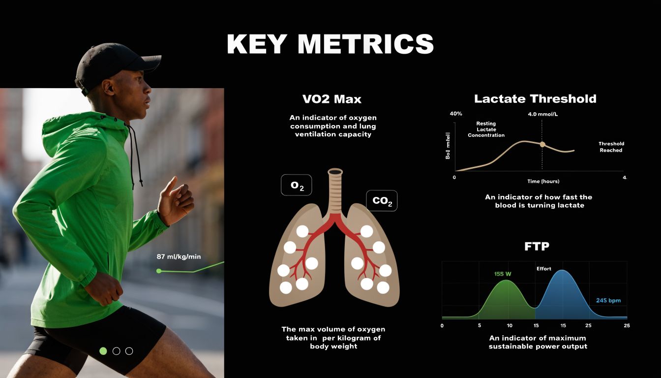 An infographic displaying key physiological performance metrics including VO2 Max, Lactate Threshold, and FTP for athletes.