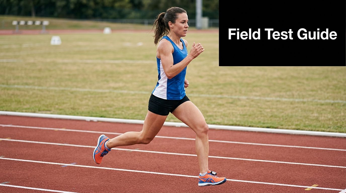 A female athlete running on a track during a fitness performance test for heart rate analysis.