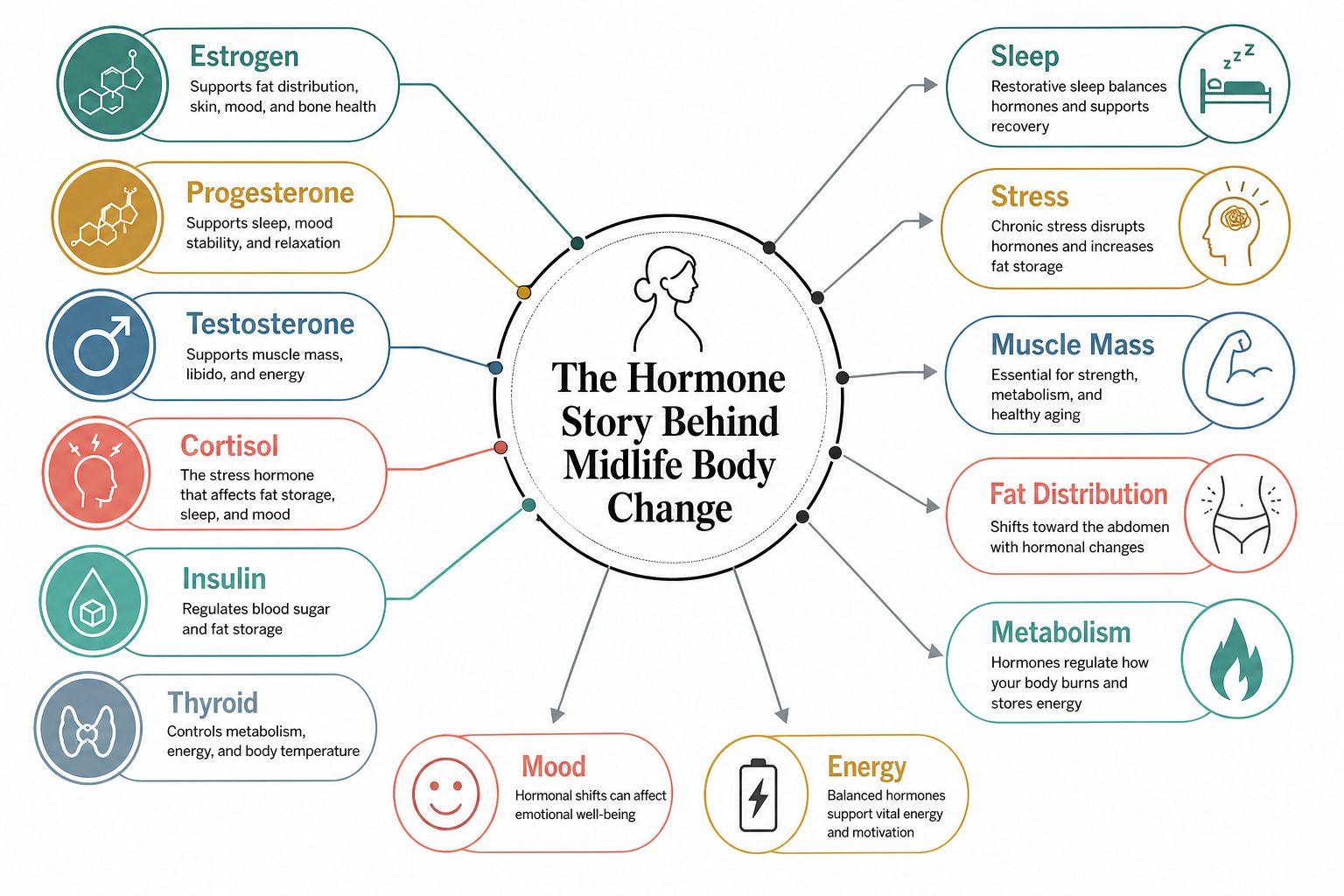 A diagram illustrating the impact of various hormones on midlife body changes in women.