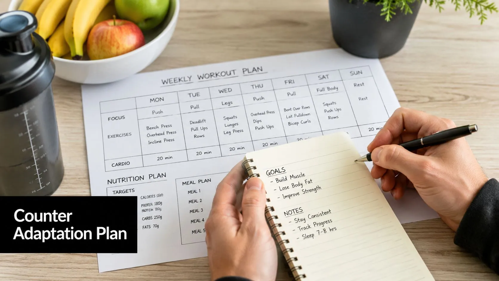 A person writing fitness goals and a workout plan on a notepad while at a desk.