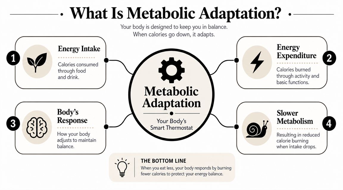 An infographic explaining metabolic adaptation as the body's smart thermostat adjusting to calorie intake changes.