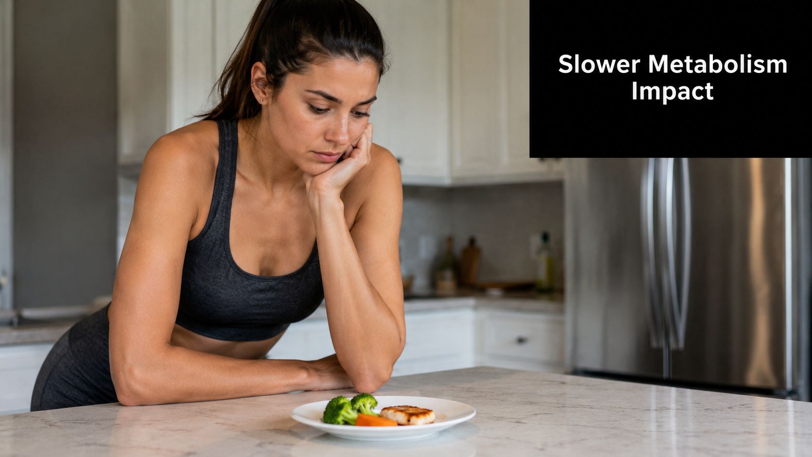 A fit young woman looking sad and discouraged at a small portion of healthy food