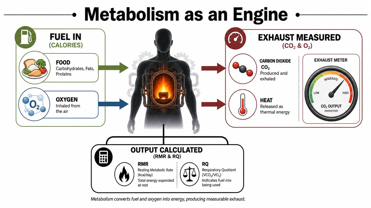 An infographic illustrating metabolism as an engine, showing fuel input, oxygen consumption, energy output, and metabolic calculations.