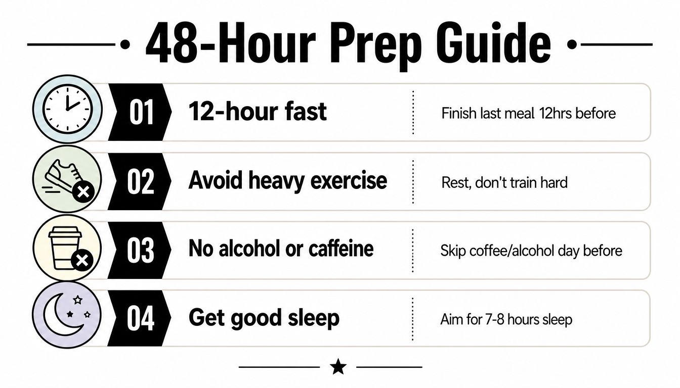 A 48-hour preparation guide infographic detailing steps like fasting, resting, avoiding stimulants, and getting adequate sleep.