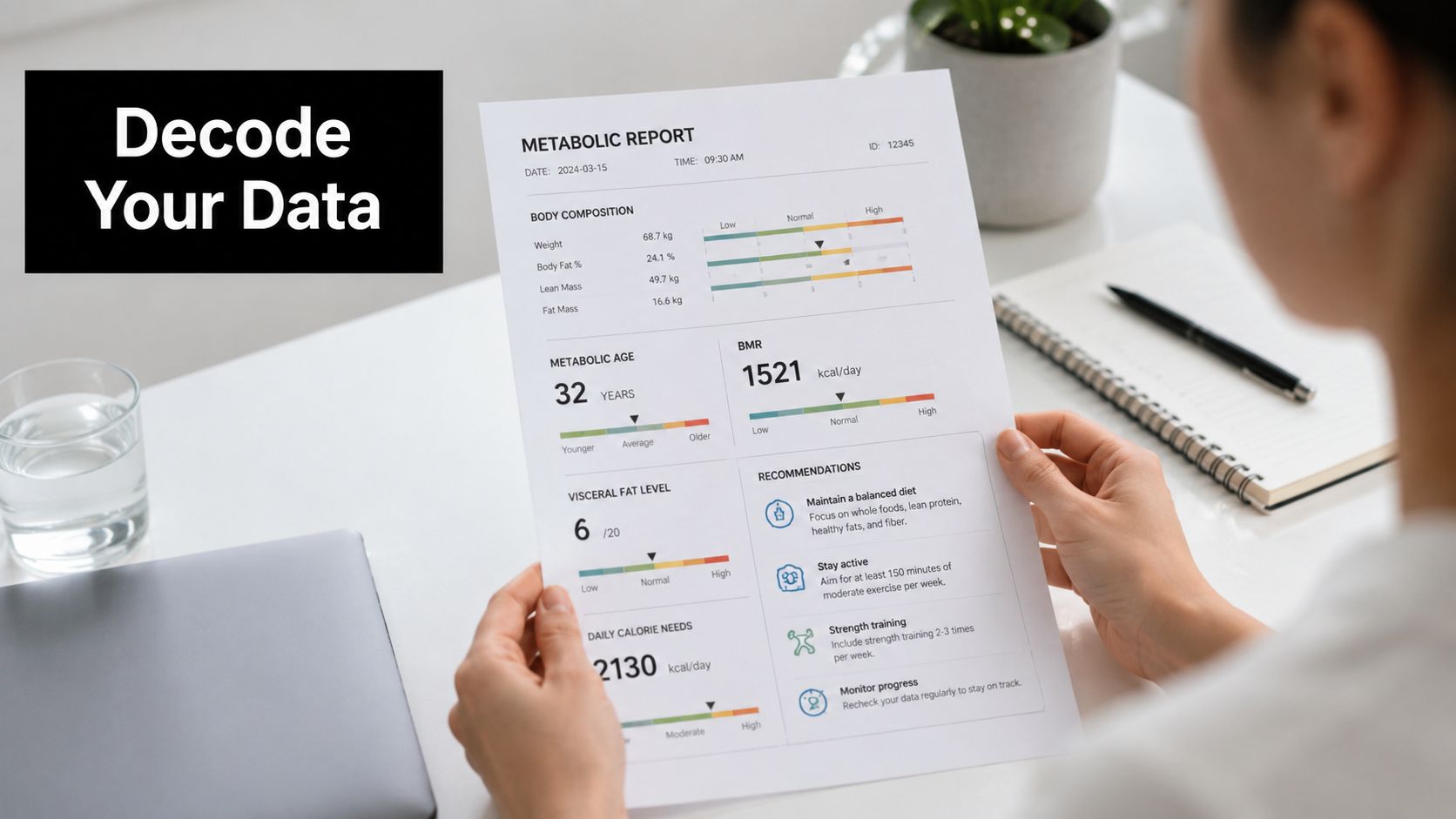 A person reviewing a printed metabolic report showing health metrics like body composition and calorie needs.