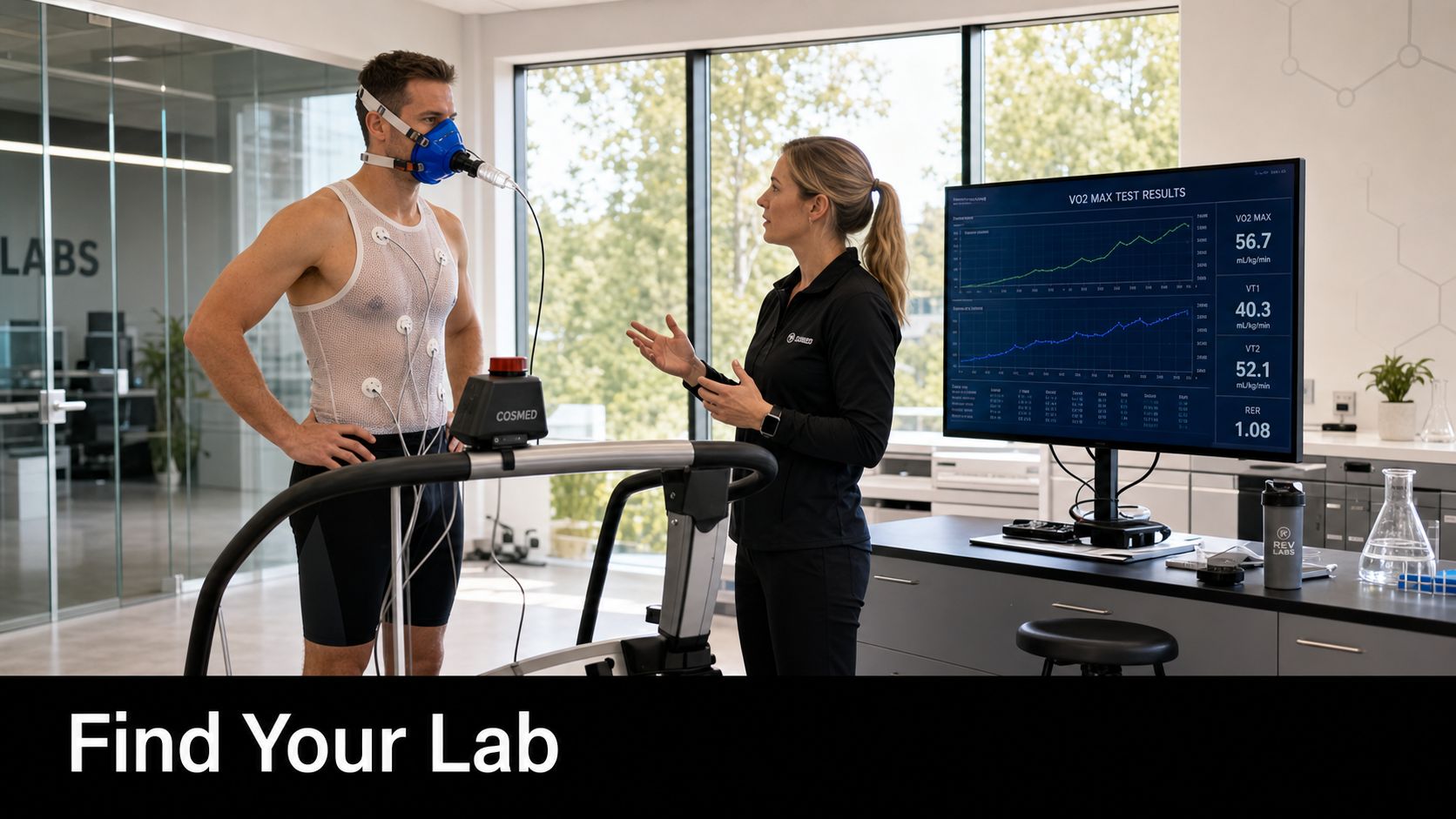 A professional athlete undergoes a VO2 max metabolic test conducted by a specialist in a modern laboratory.
