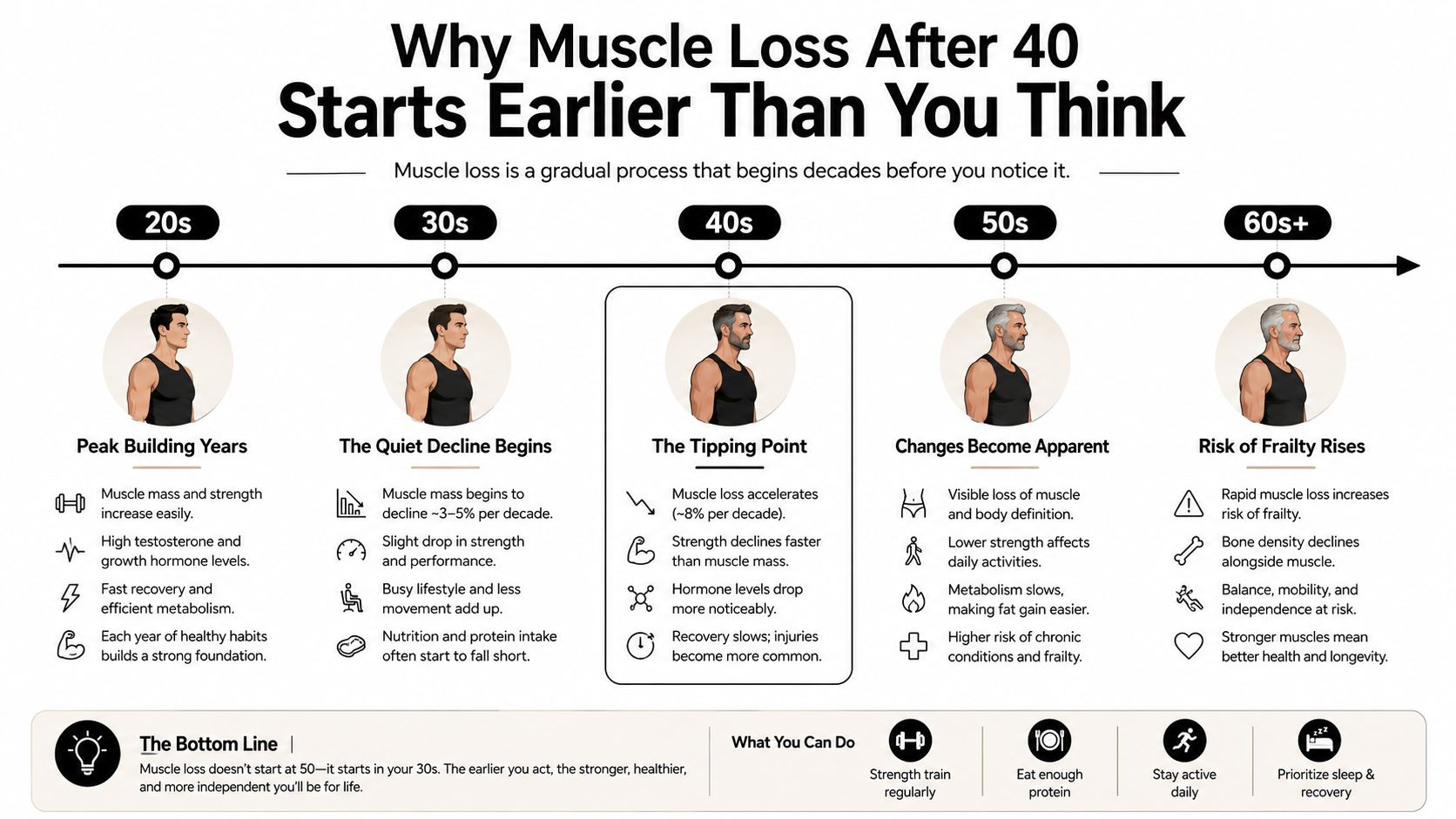 An infographic timeline showing the progression of muscle mass decline in men from their 20s through 60s.