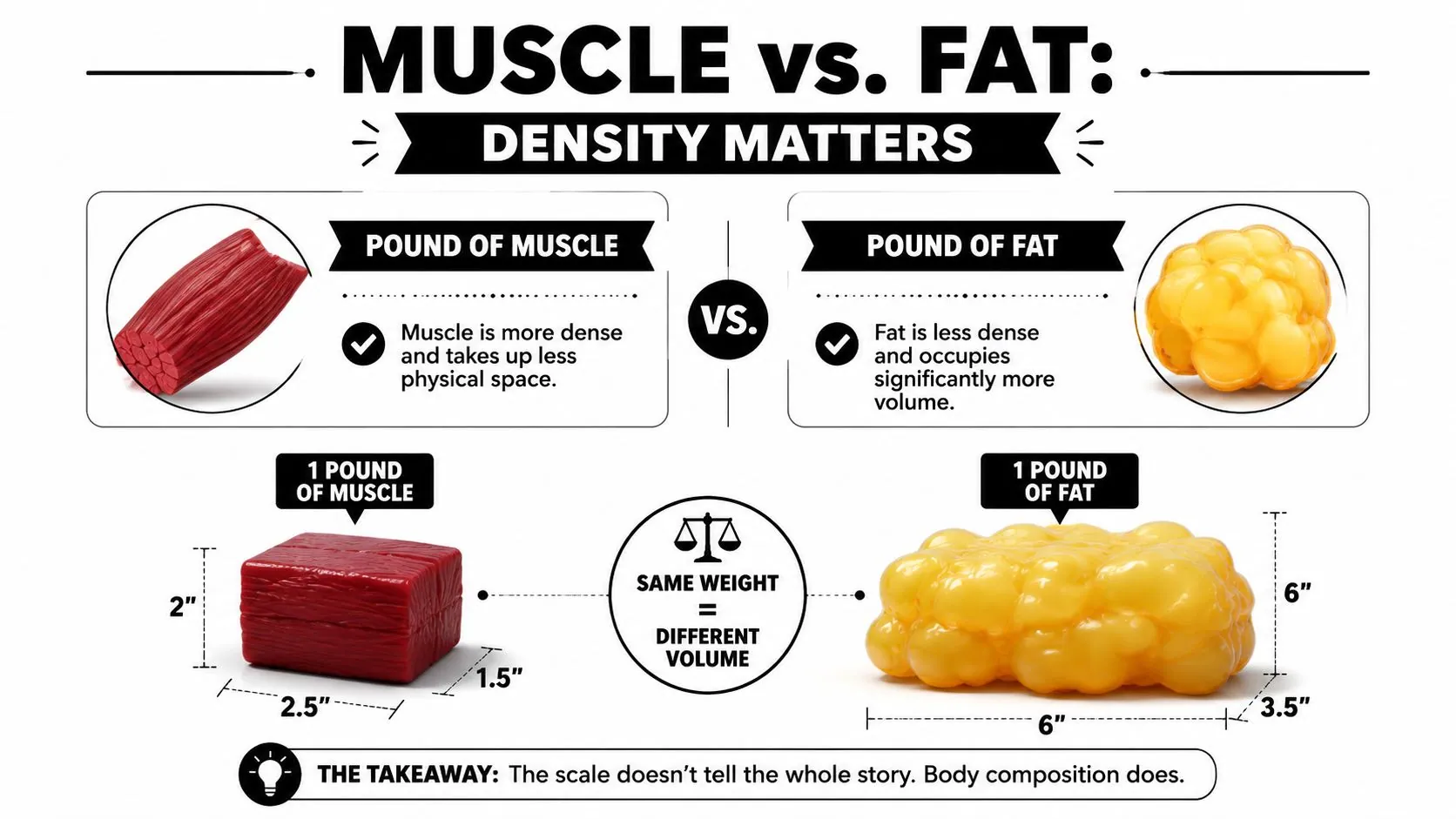 An infographic illustrating that one pound of muscle occupies significantly less physical volume than one pound of fat.