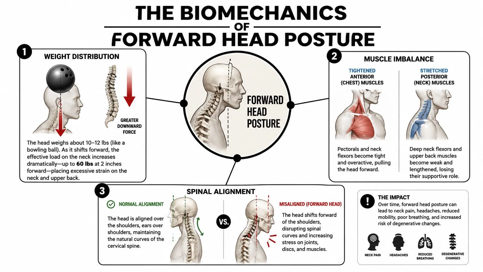 An educational infographic explaining the biomechanics, muscle imbalances, and spinal alignment issues of forward head posture.