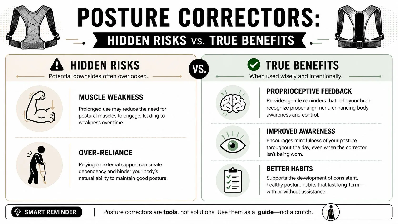 An infographic comparing the hidden risks and true benefits of using posture corrector braces for better spinal alignment.