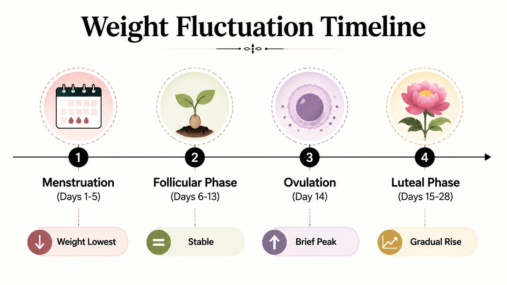 An infographic showing a timeline of female weight fluctuations throughout the four phases of the menstrual cycle.