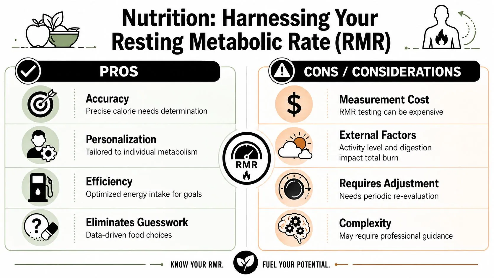 An infographic comparing the pros and cons of using Resting Metabolic Rate for personalized nutrition planning.