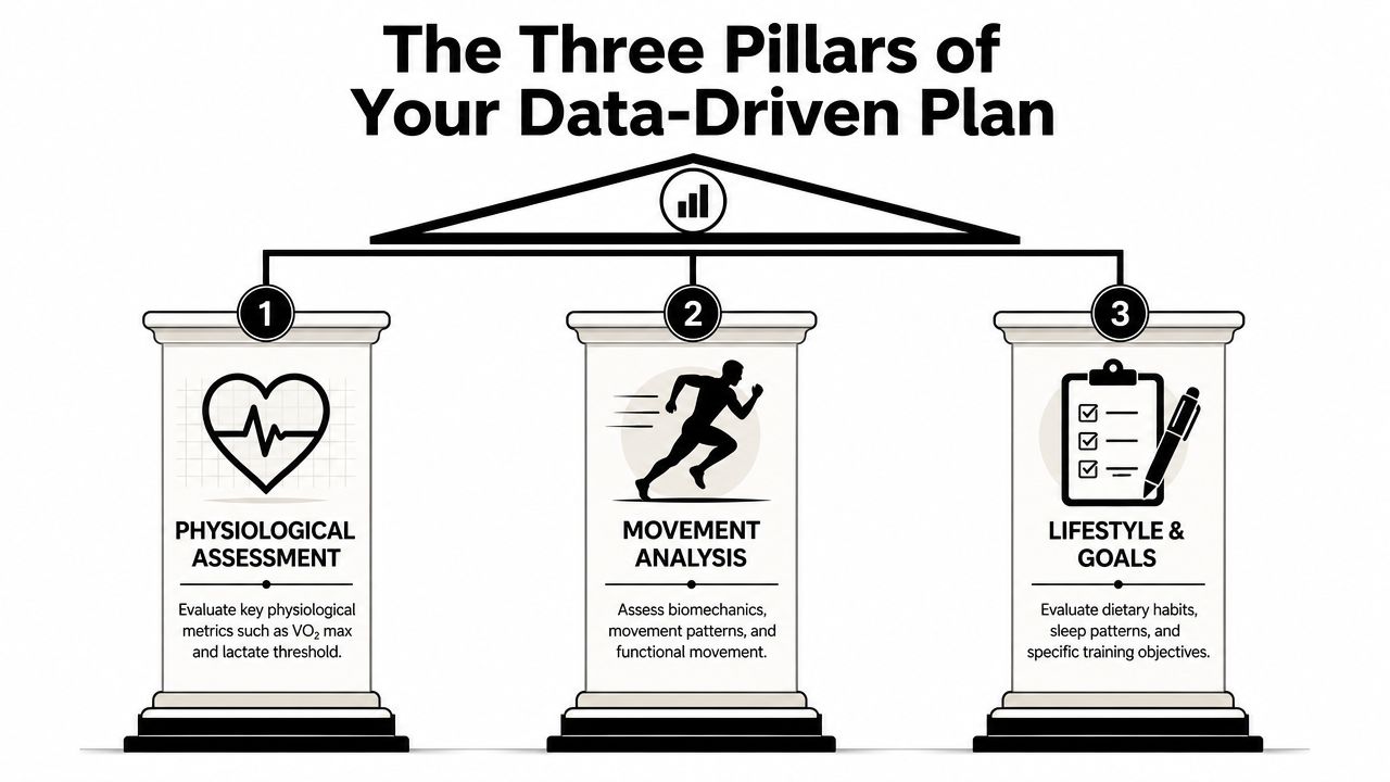 An infographic titled The Three Pillars of Your Data-Driven Plan showing physiological assessment, movement analysis, and lifestyle goals.