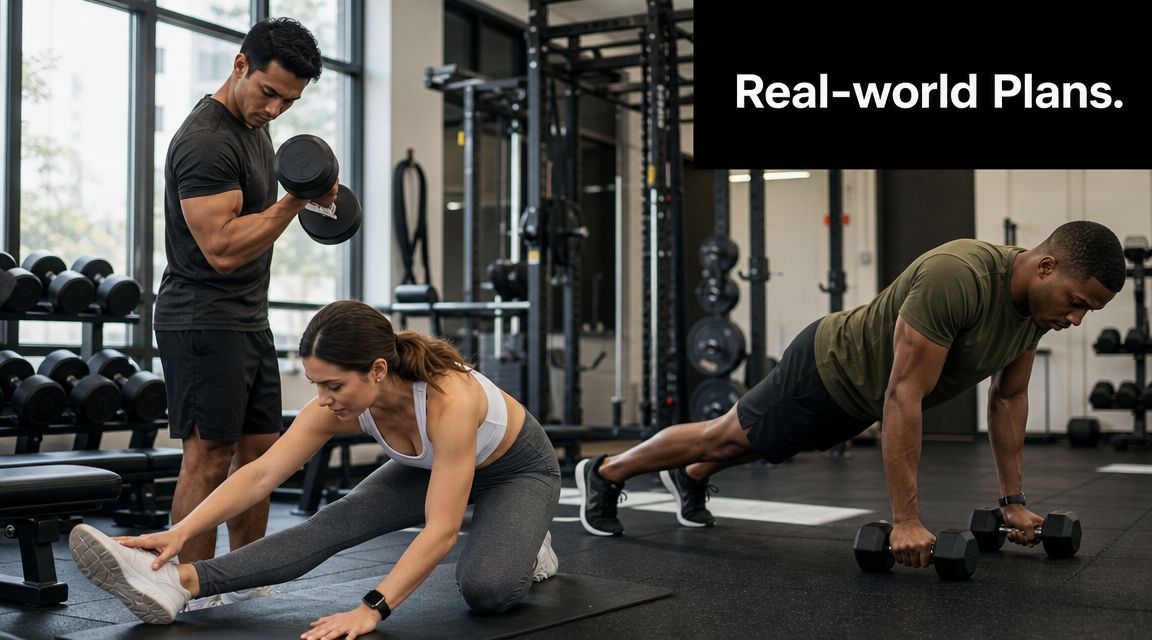 A diverse group of three individuals engaging in personalized fitness training at a modern gym.