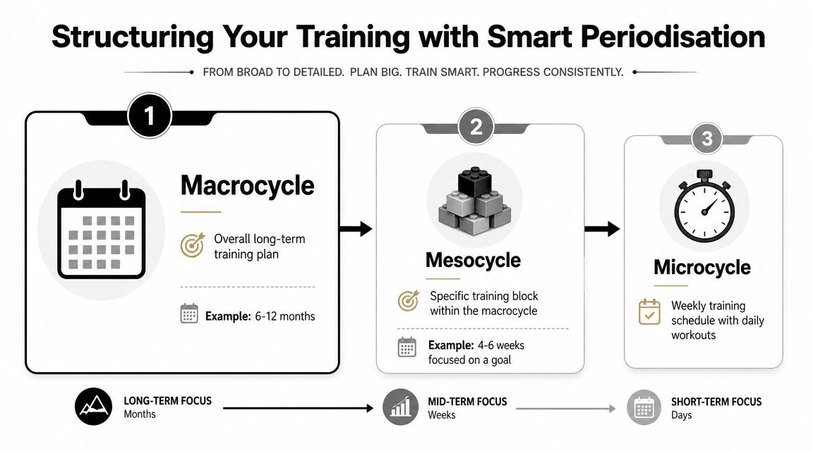 A diagram explaining the three stages of smart periodization training: macrocycle, mesocycle, and microcycle.