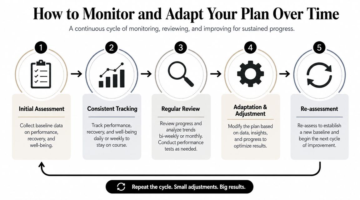 An infographic showing a five-step cycle for monitoring and adapting personalized training plans for sustained progress.