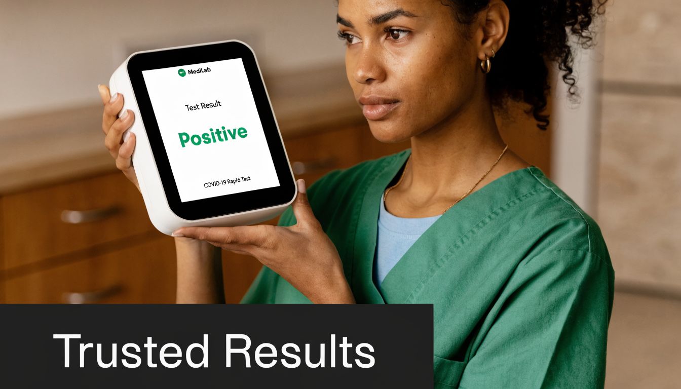 A healthcare professional holds a digital device showing a positive COVID-19 rapid test result.