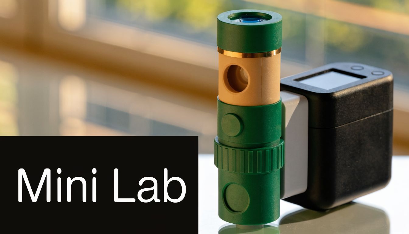 A modern portable digital microscope device sitting on a reflective table with a blurry background.