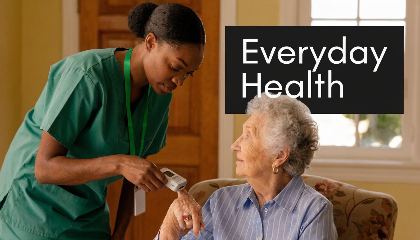 A healthcare worker in green scrubs performs a health check on an elderly woman sitting in a chair.