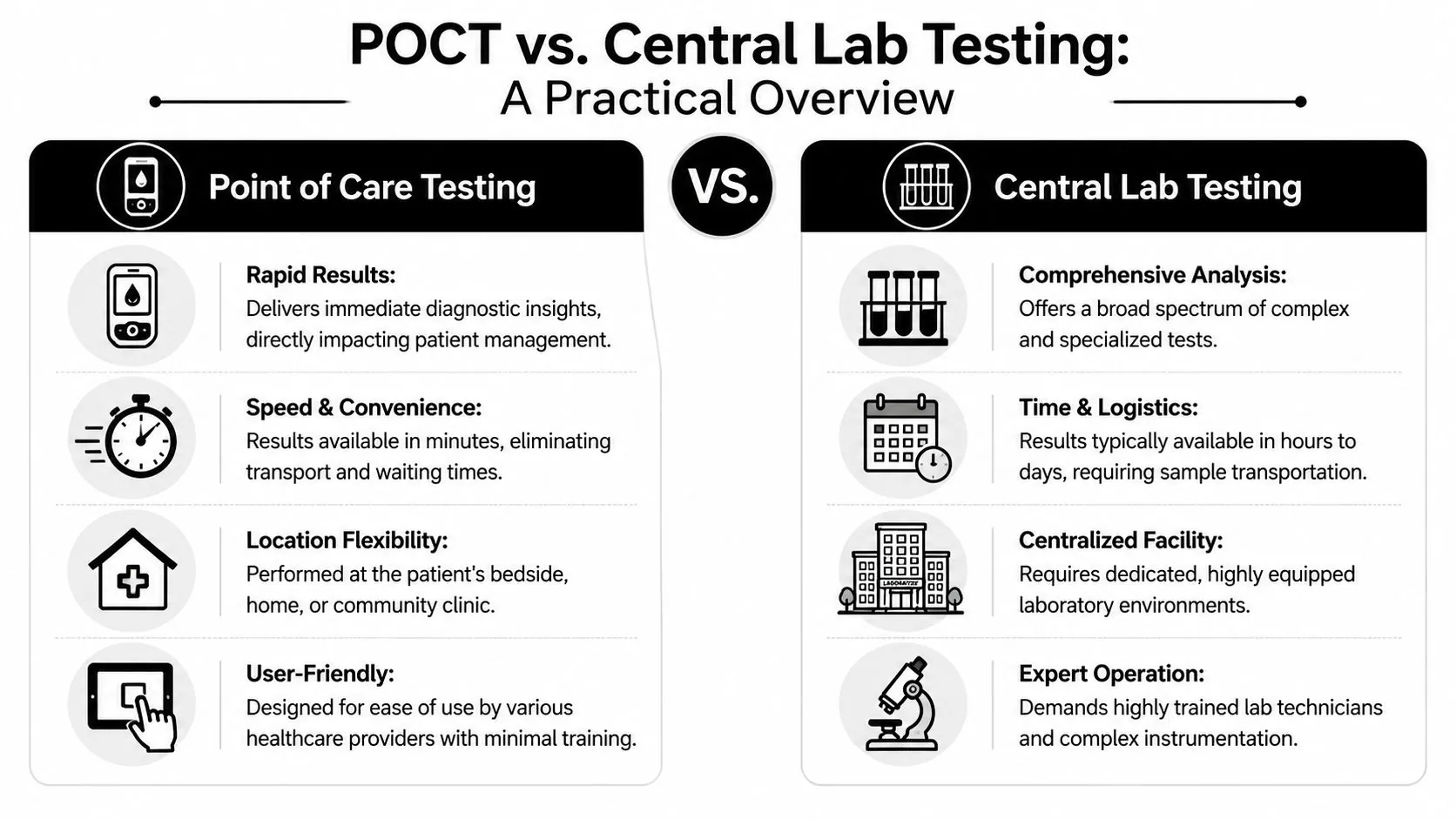 A comparison chart outlining the key differences between Point of Care Testing and Central Laboratory Testing methods.