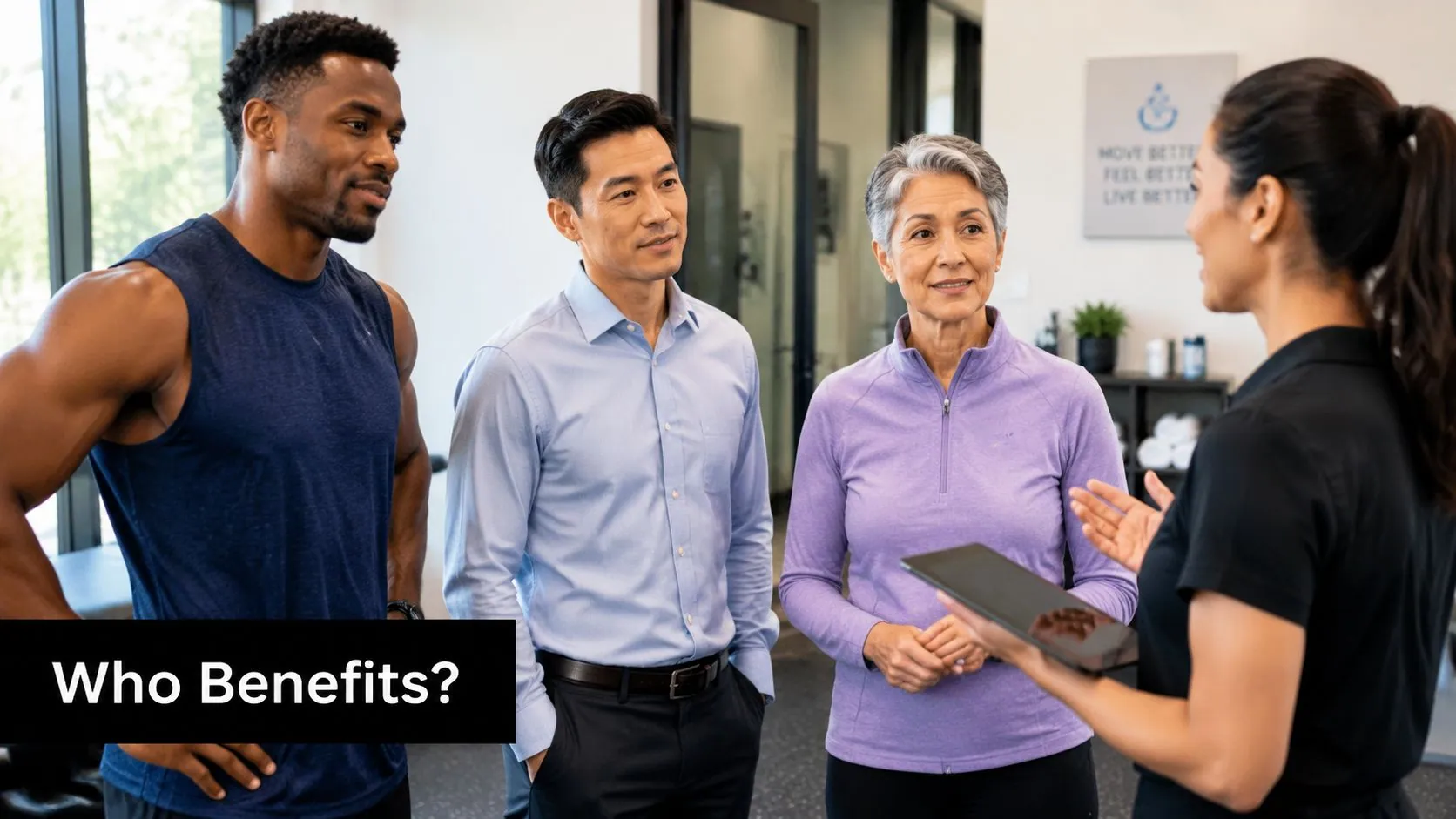 A professional trainer discussing health and movement goals with three diverse clients at a wellness center.