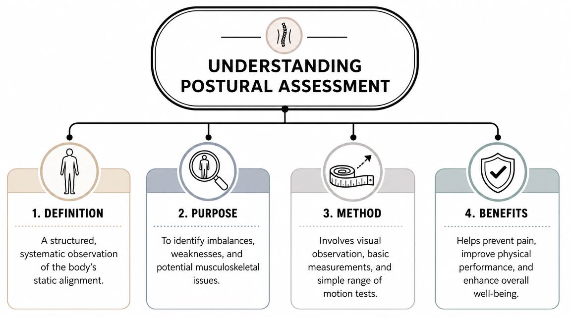A flowchart infographic titled Understanding Postural Assessment, outlining its definition, purpose, methodology, and key health benefits.