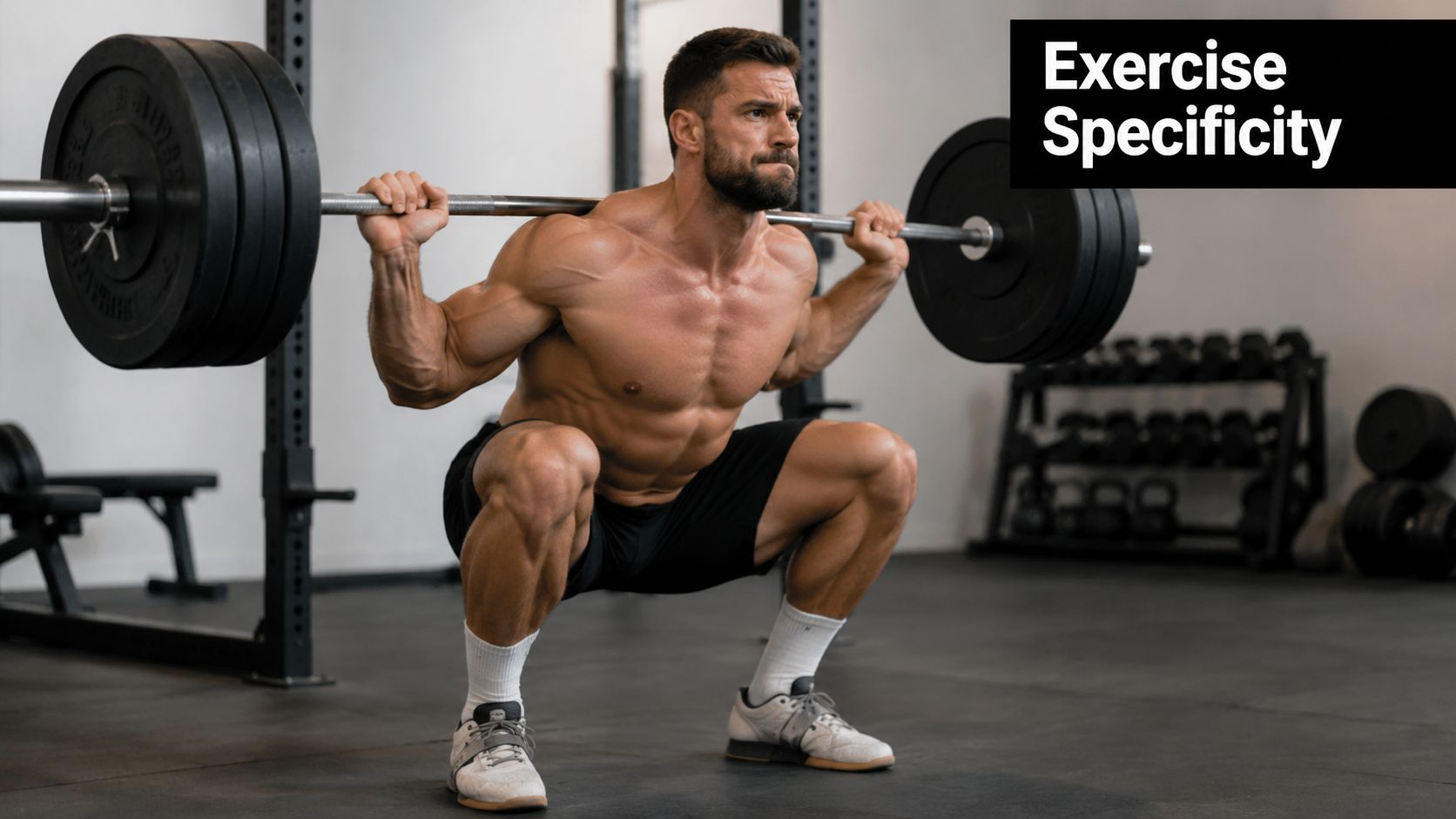 A muscular man performing a heavy barbell back squat in a professional gym environment.