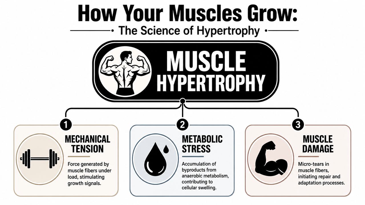 An infographic showing the three primary mechanisms of muscle hypertrophy: mechanical tension, metabolic stress, and muscle damage.