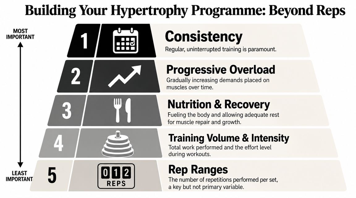 A pyramid chart outlining the five key priorities for building an effective muscle hypertrophy training programme.