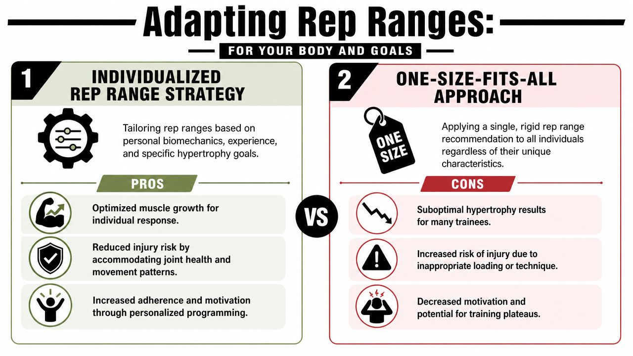 A comparison infographic showing the benefits of individualized versus the downsides of one-size-fits-all rep ranges for hypertrophy.