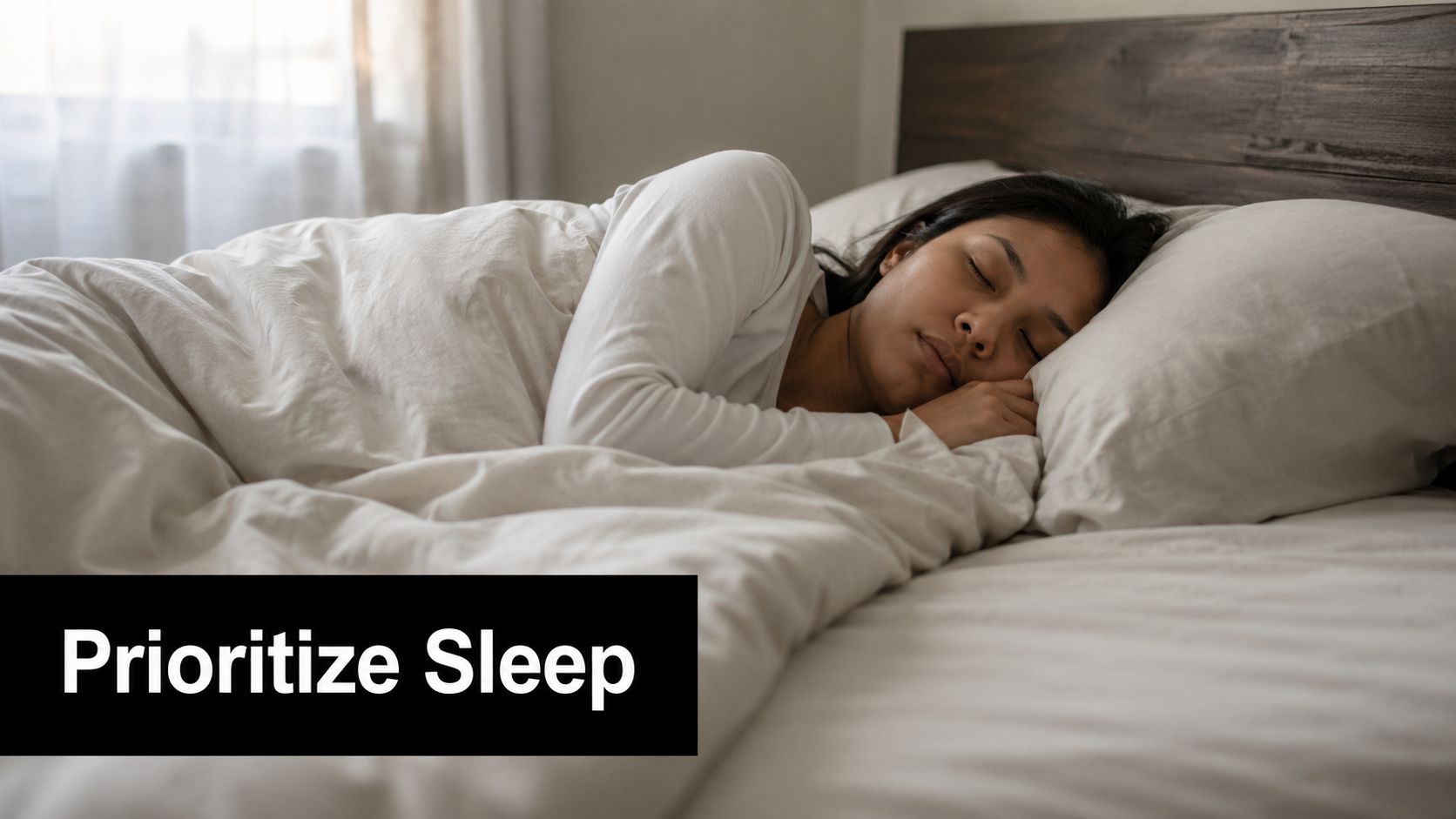 A woman sleeping in a dark, comfortable bedroom.