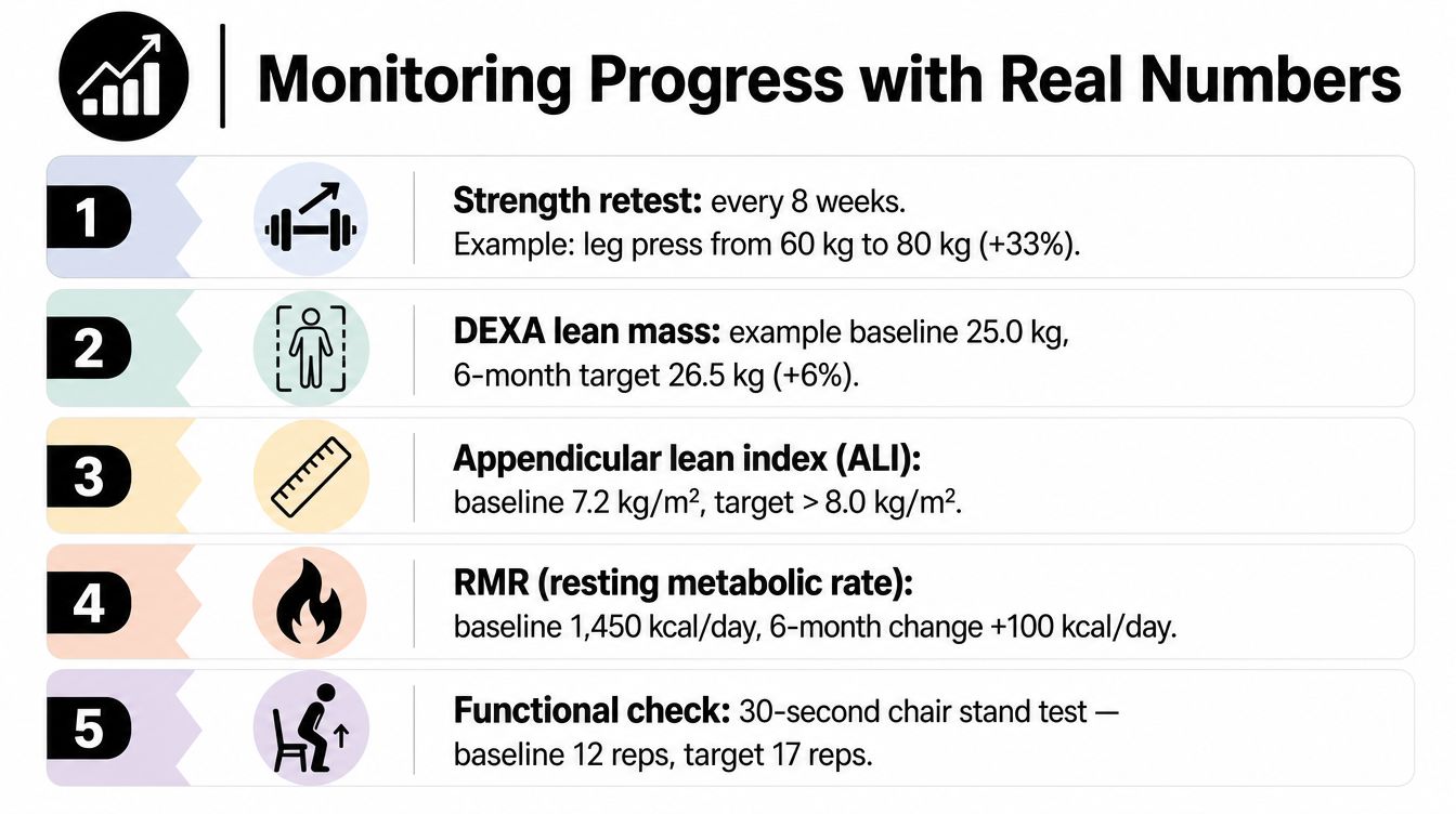 A progress monitoring chart showing five health and fitness metrics including strength, body composition and resting energy expenditure.