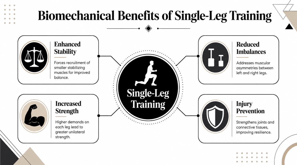 A diagram outlining the four primary biomechanical benefits of incorporating single-leg training into an exercise routine.