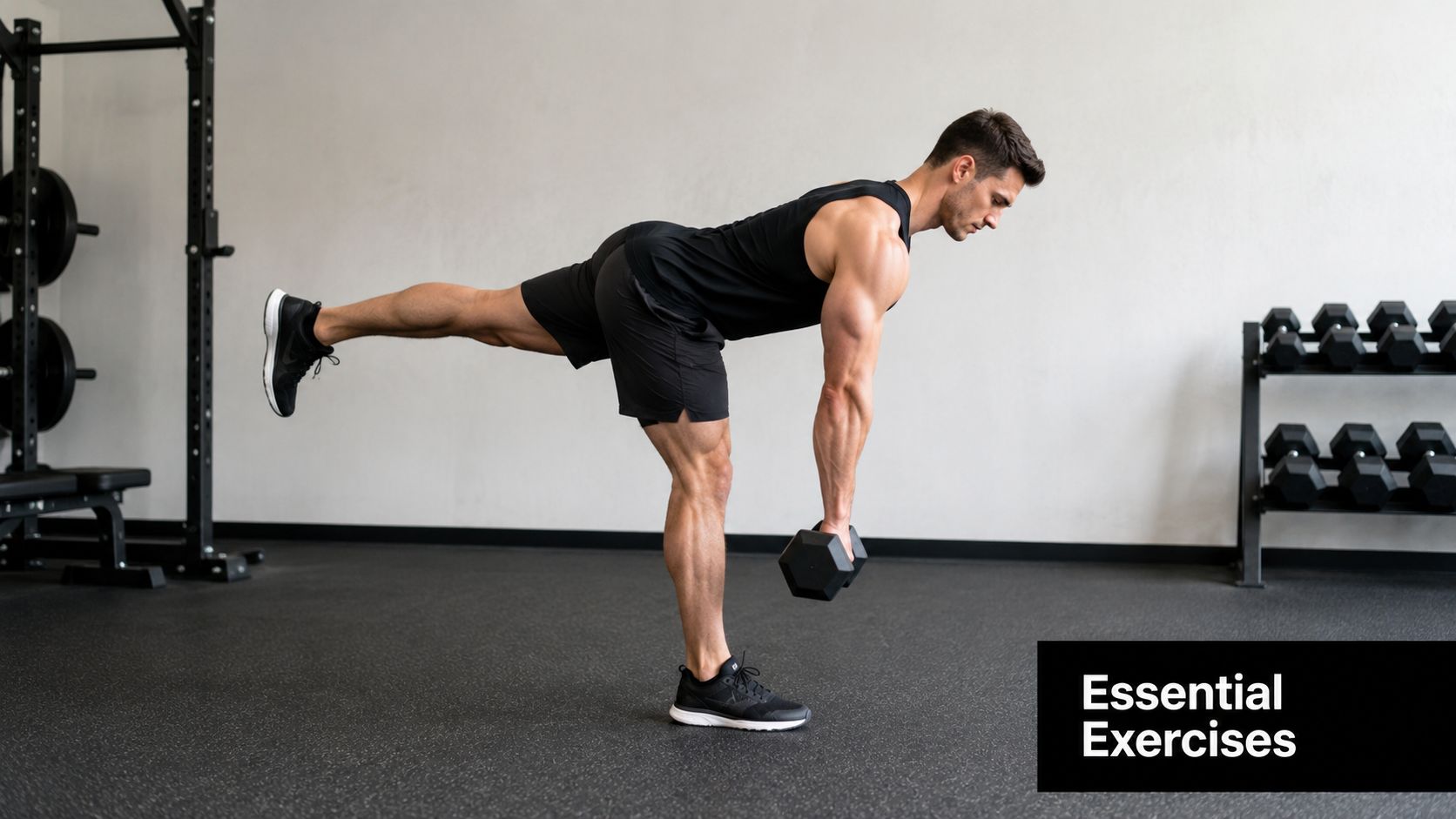 A fit man performs a single-leg Romanian deadlift with a dumbbell in a gym setting.