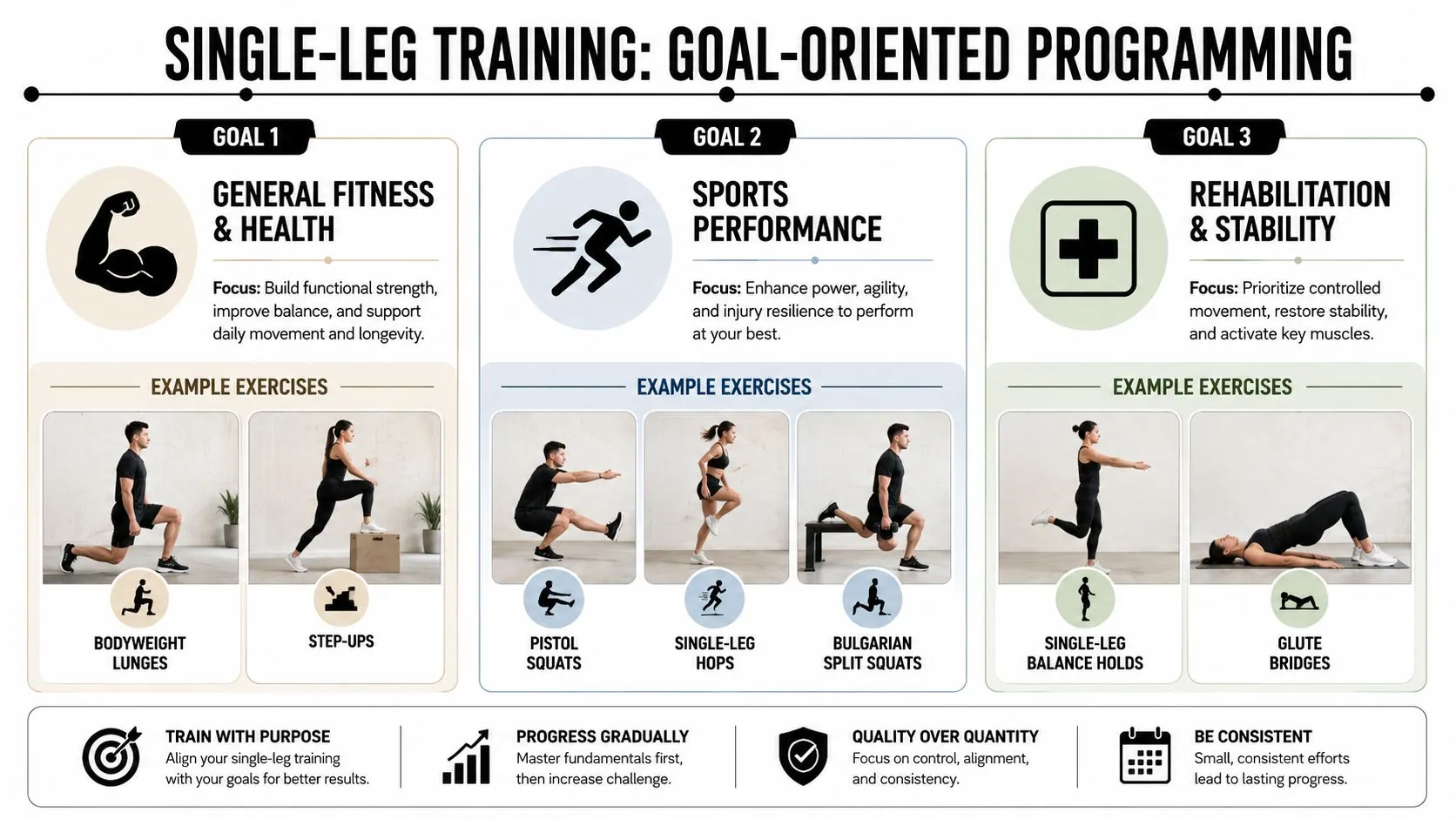 An infographic titled Single-Leg Training illustrating three goal-oriented programs with examples of various exercises for fitness and stability.
