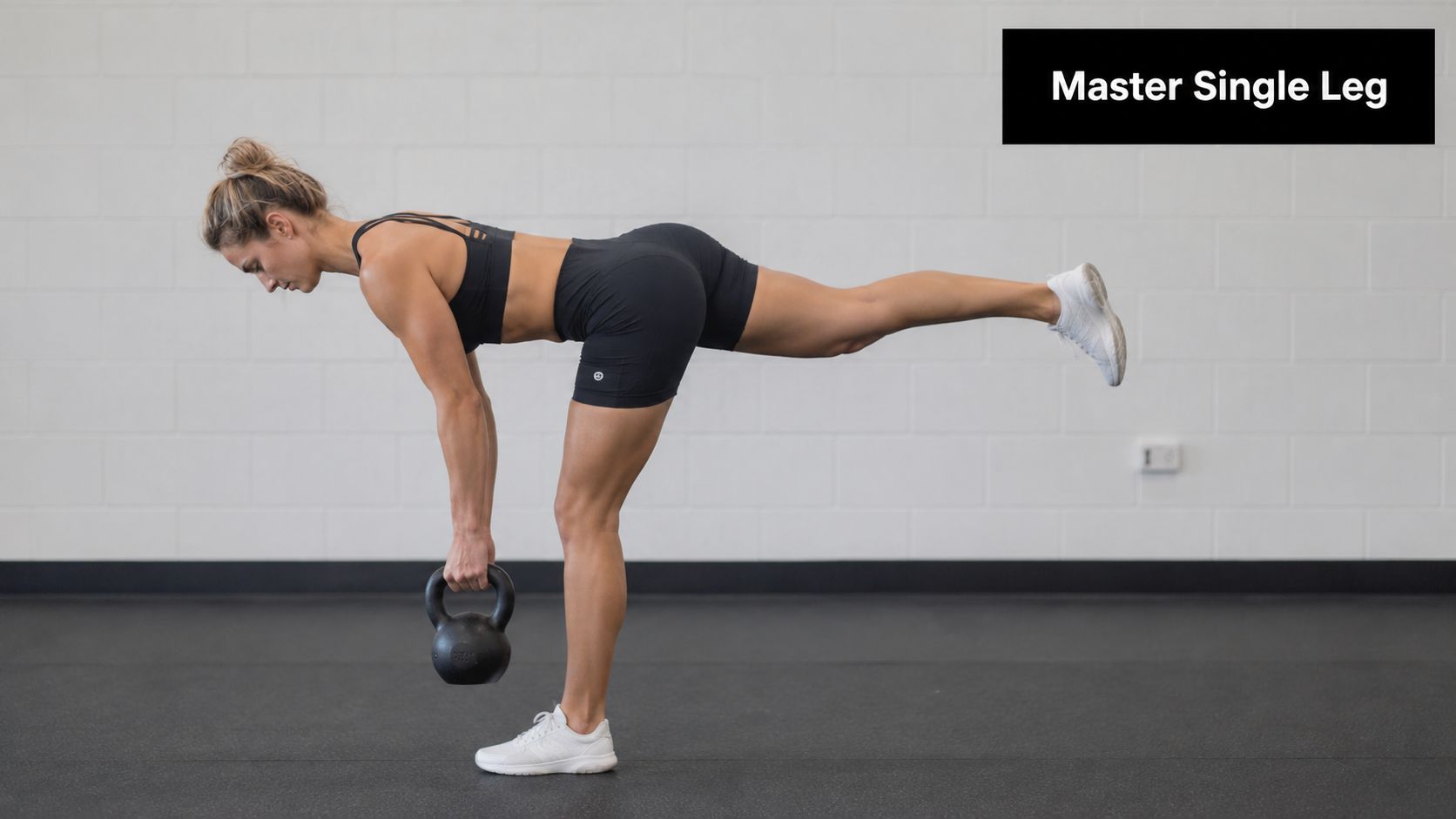 A woman performing a single-leg kettlebell deadlift while standing on a gym floor.