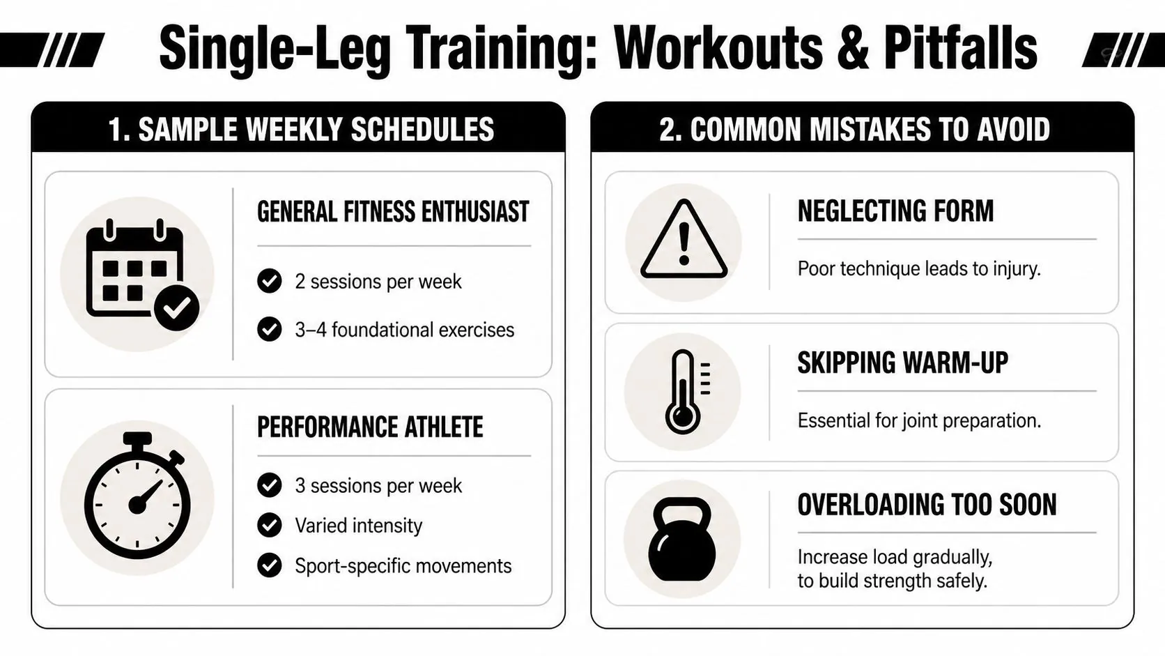 An infographic titled Single-Leg Training comparing weekly schedules for fitness enthusiasts and athletes against common mistakes.