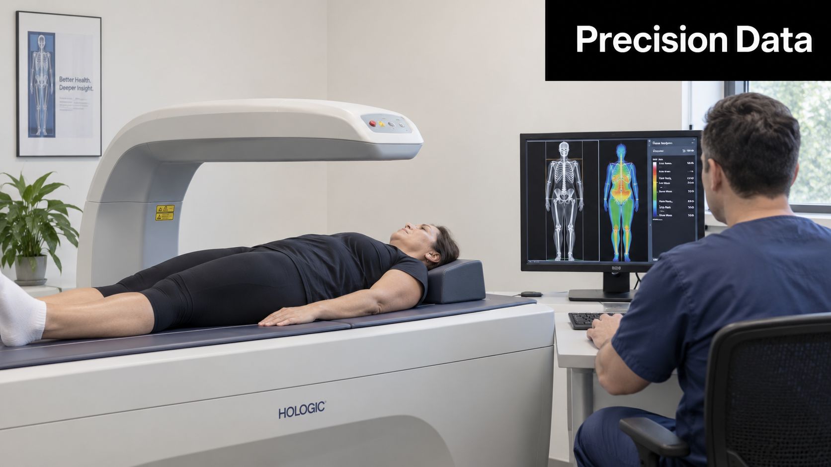 A technician reviews a Hologic DXA scan result for a patient lying on a medical imaging table.