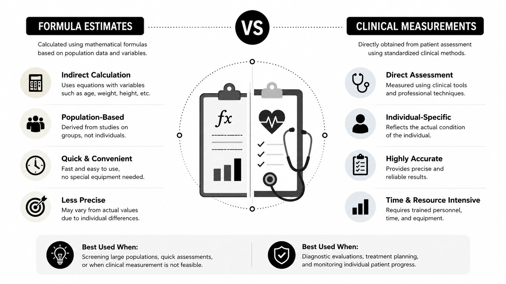A comparison chart showing the differences between formula-based estimates and clinical measurements for health assessments.