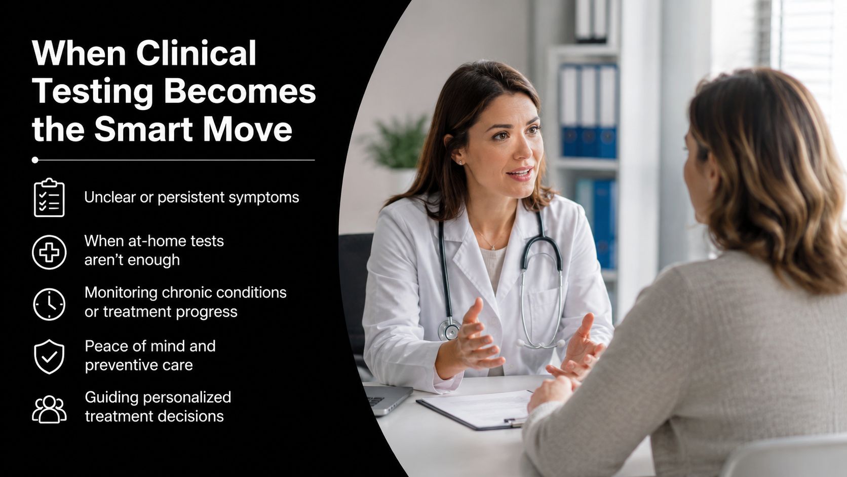 A female doctor consults with a patient in an office, discussing clinical testing and medical care.