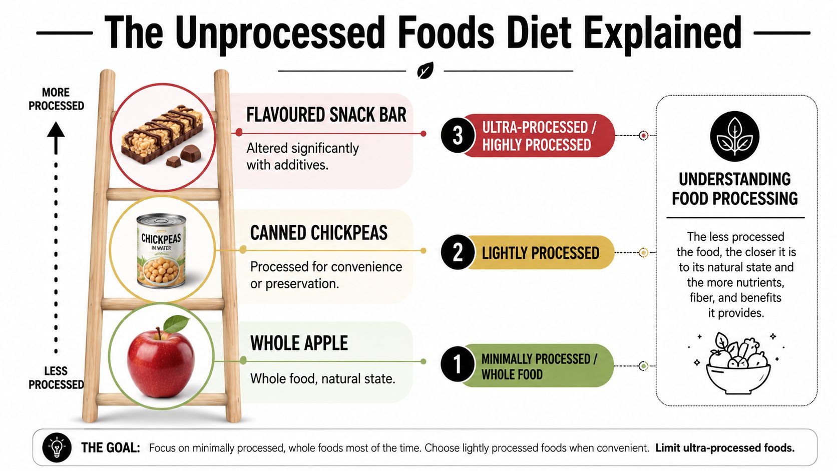Examples ranging from minimally processed foods to ultra-processed snack products.
