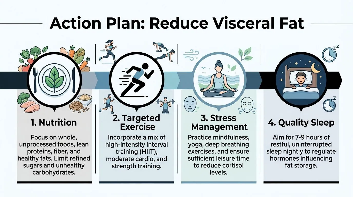 An infographic detailing a four-step action plan to reduce visceral fat through nutrition, exercise, stress management, and sleep.