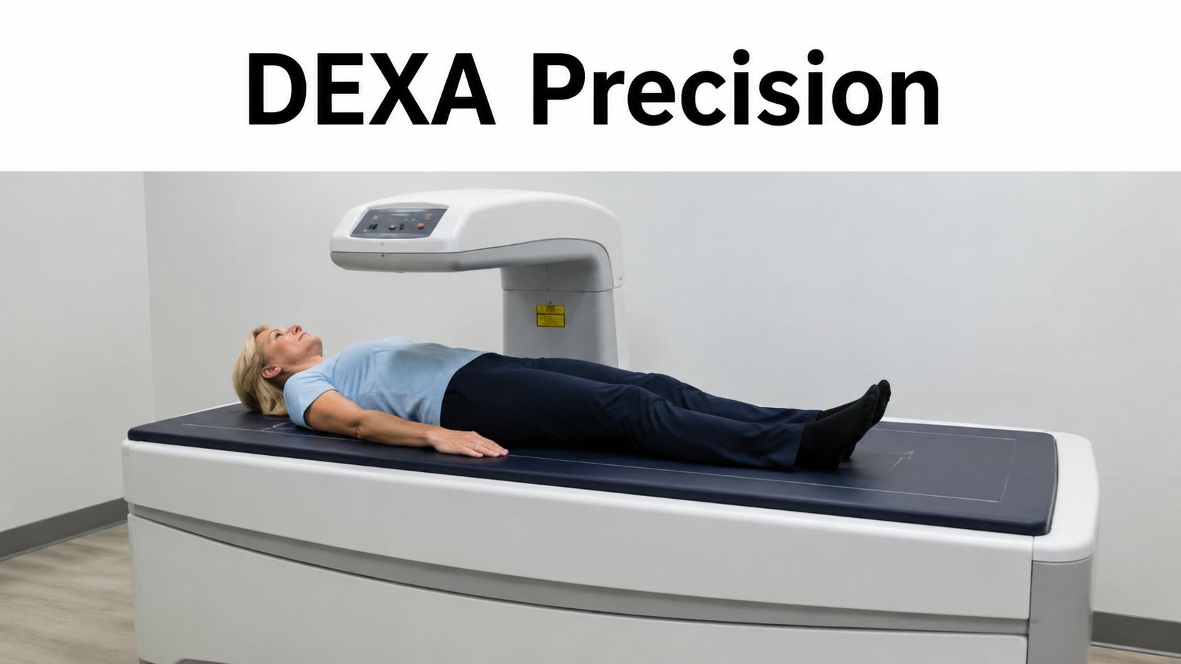 A woman lying on a medical bed during a professional DEXA scan for body composition analysis.