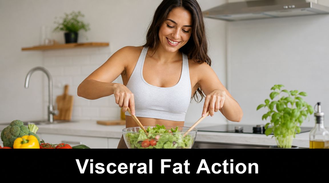 A healthy woman smiling while tossing a fresh green salad in a modern kitchen setting.