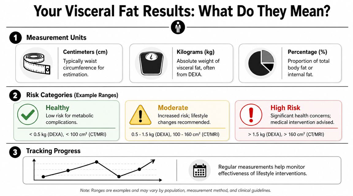 An infographic explaining visceral fat measurement units, risk categories, and how to track health progress over time.