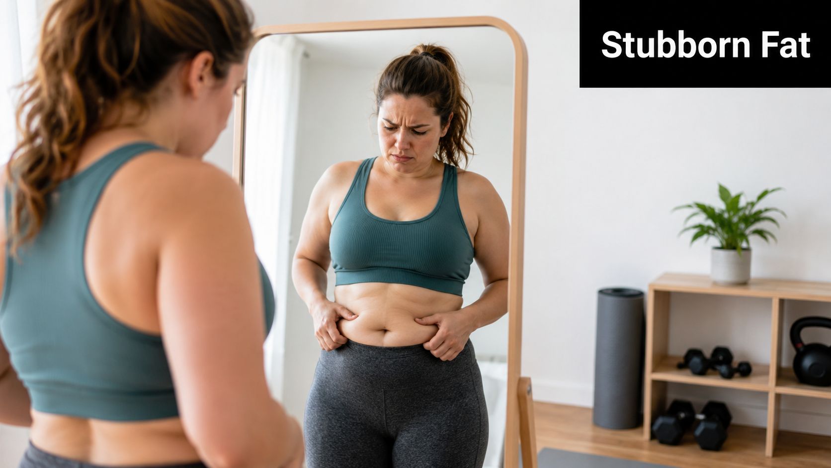 A woman looking concerned at her reflection in a mirror while pinching belly fat in a gym.