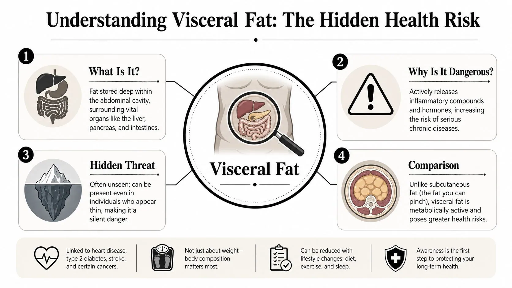 An infographic explaining visceral fat, its hidden dangers, and how it differs from subcutaneous body fat.